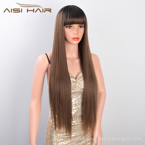 Aisi Hair Wholesale Cheap Vendor Long Silky Straight Wave Ombre Brown Wig With Bangs For Black Women Synthetic Hair Wigs